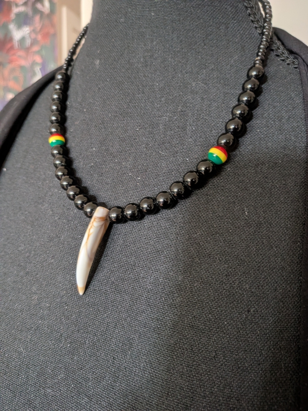 Unisex Reggae Surfer Necklace Black Onyx Style Beads Tusk CharmTribal Boho Black
